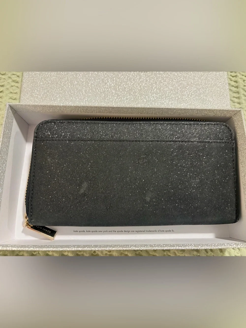 kate spade Black Glitter Zip-Around Continental Wallet with Gold Logo